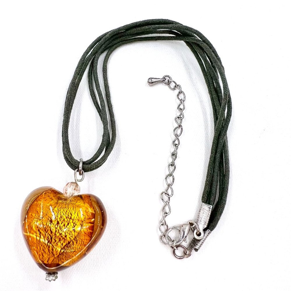 Golden Yellow Puffy Glass Heart Pendant Multi Strand Green Cord 14” Choker
